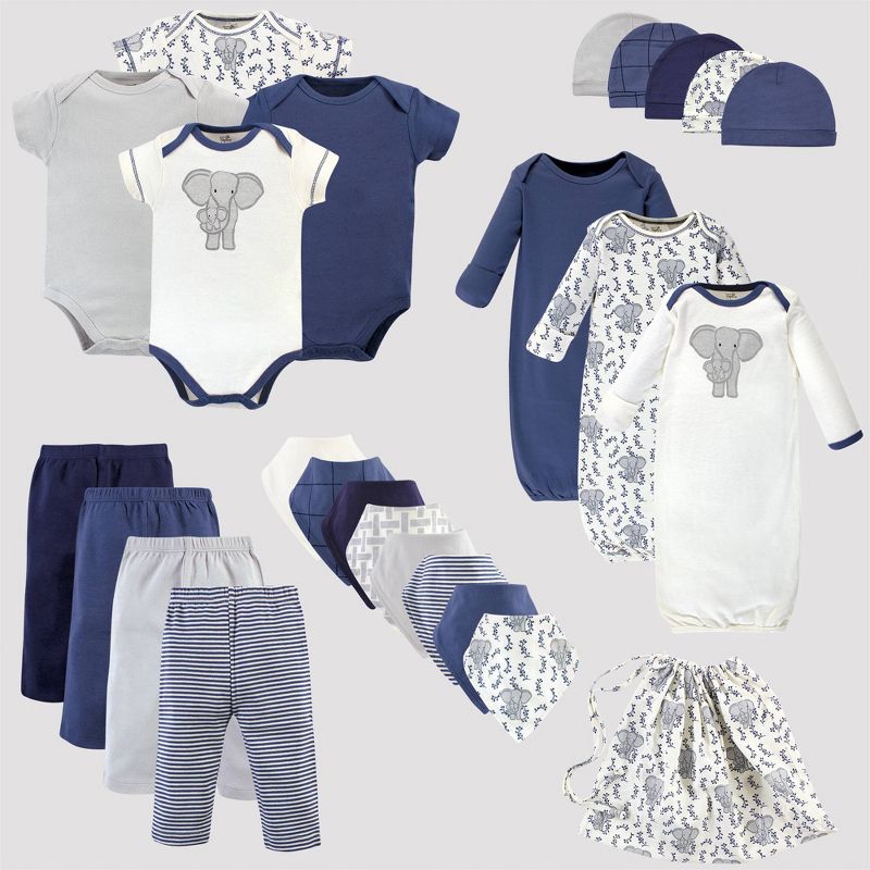 Touched by Nature Baby 25pc Organic Cotton Gift Cube Bodysuit - Elephant - Blue/White 0-6M