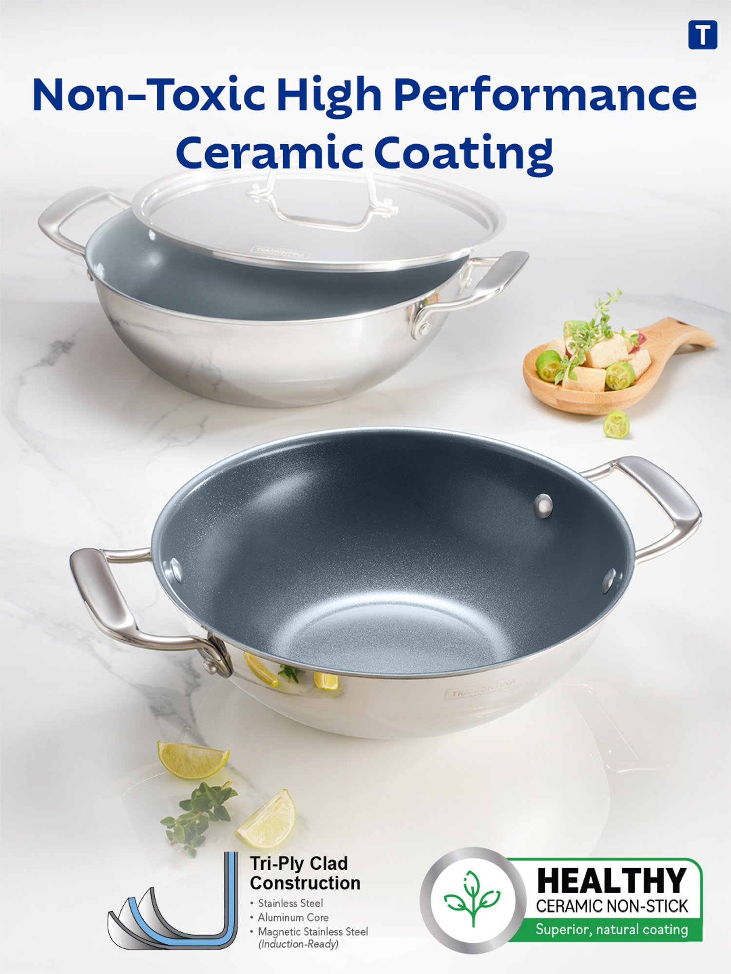 Tramontina Fusao Non-Toxic Triply Stainless Steel Ceramic Kadai with lid 20cm/1.7L Induction Base