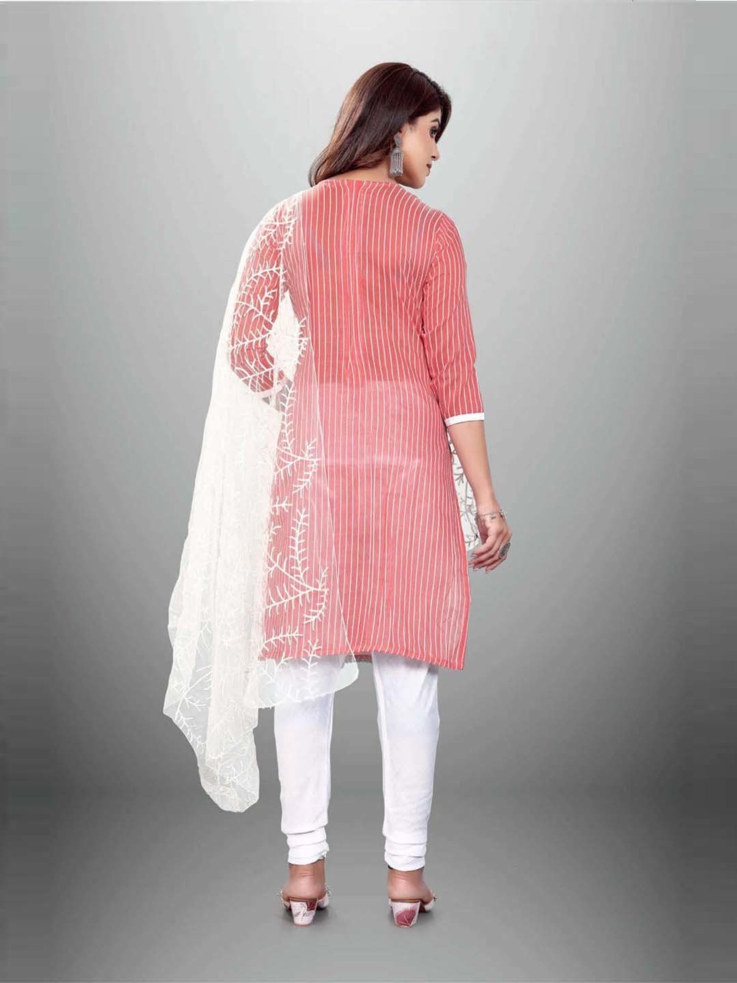 APNISHA Peach & White Cotton Striped Unstitched Dress Material