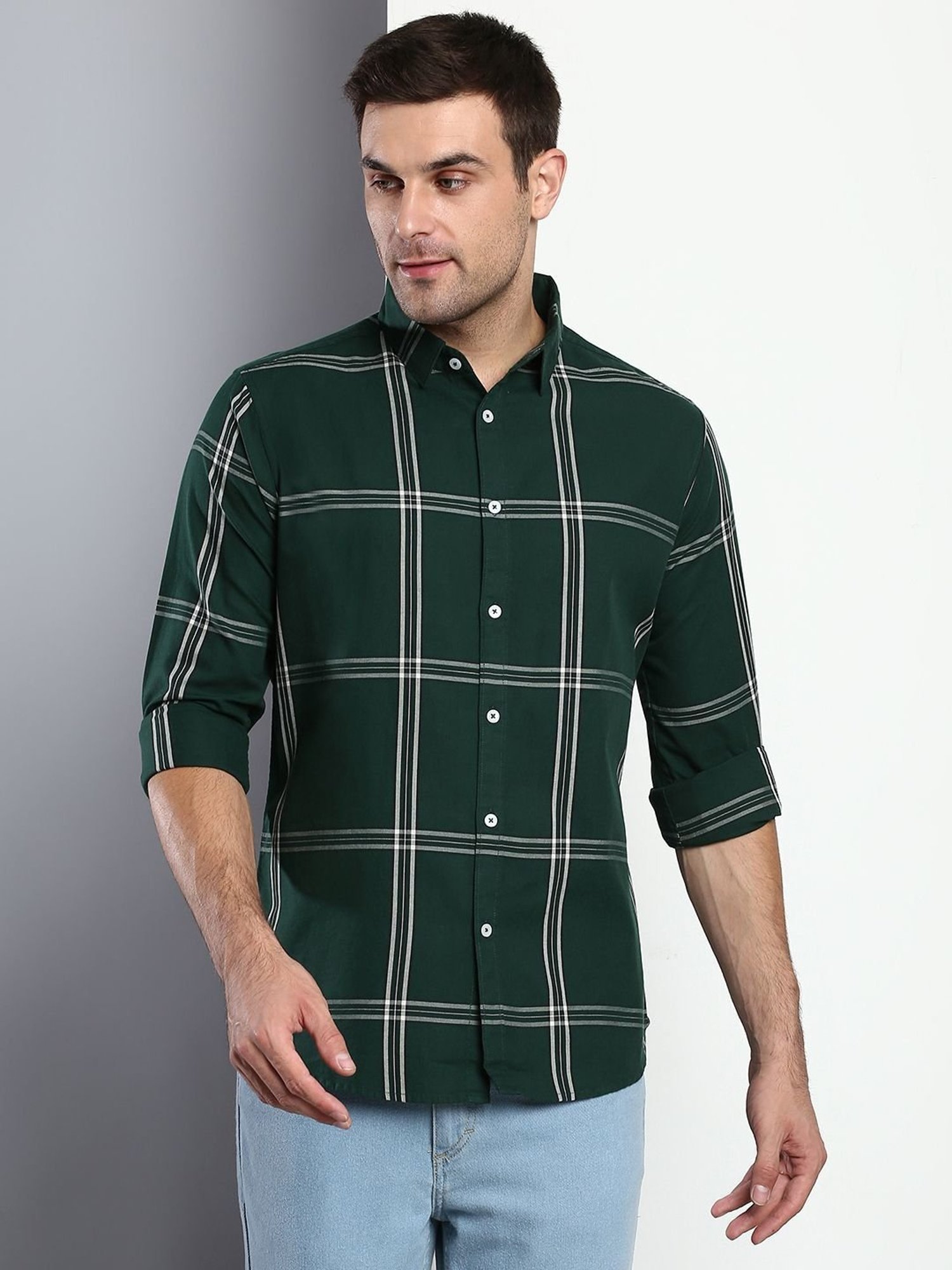 Dennis Lingo Green Cotton Slim Fit Checks Shirt