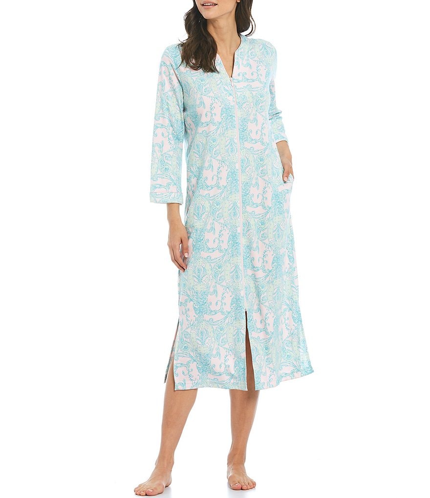 Miss Elaine Petite Size Paisley Print Interlock Knit Long Zip-Front Robe