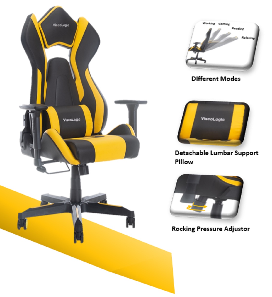 ViscoLogic Cayenne M3 Ergonomic High-Back, 2D Armrest, Reclining Sports Styled Home Office PC Racing Gaming Chair (Black & Yellow))