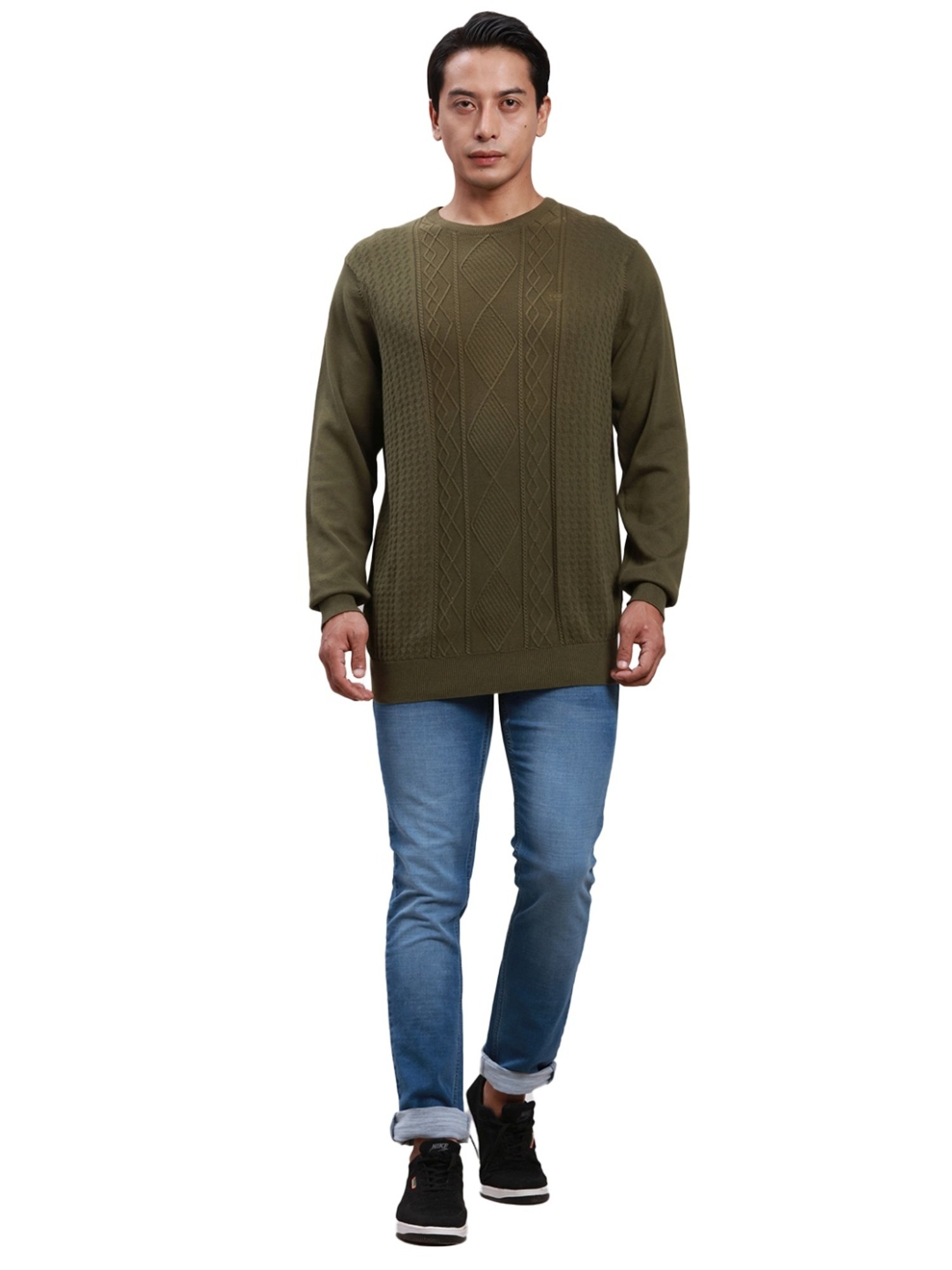 ColorPlus Green Pure Cotton Tailored Fit Self Pattern Sweater