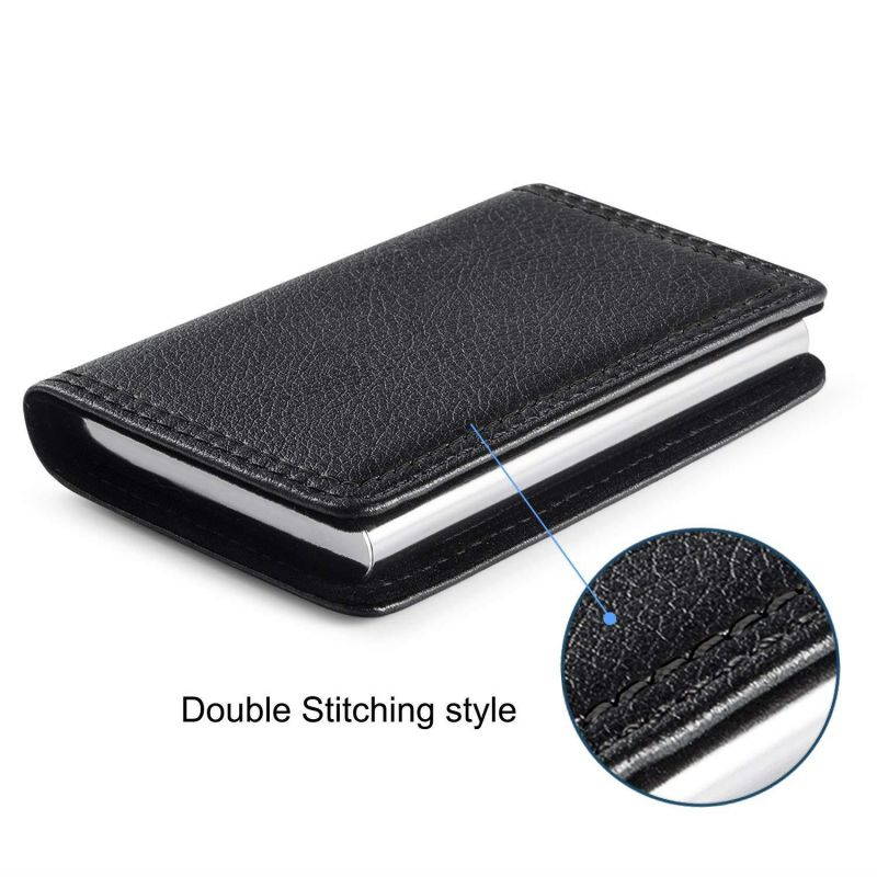 Business Card Holder, Wisdompro PU Leather & Metal Name Card Holder Wallet Case with Magnetic Closure for Men and Women - Metal Black Thread