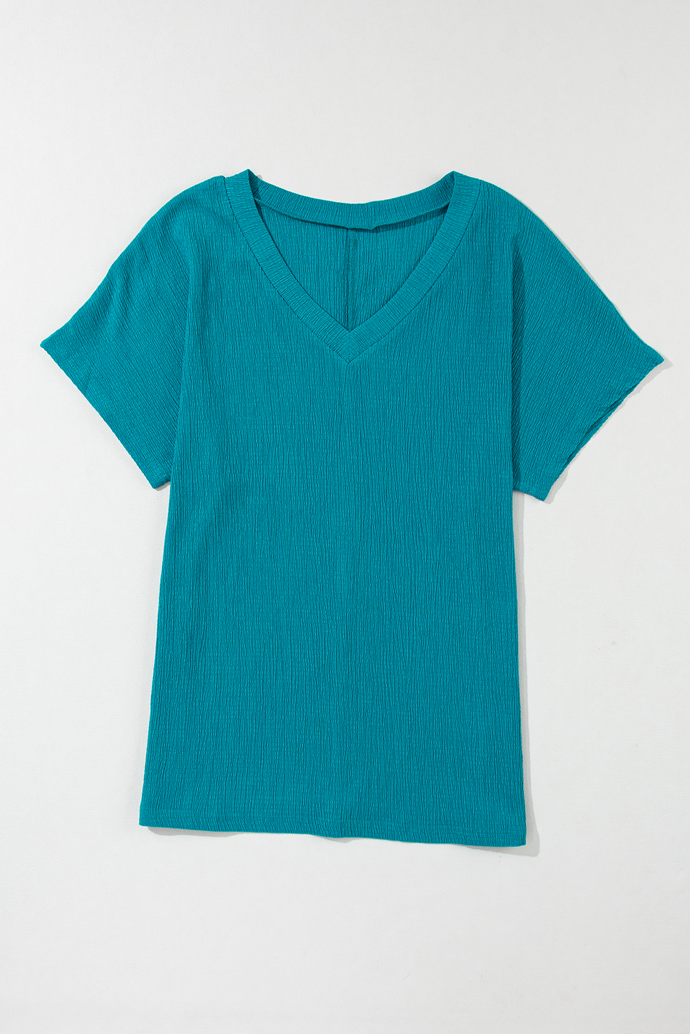 Blue Plain Crinkled V Neck Flounce Sleeve T Shirt