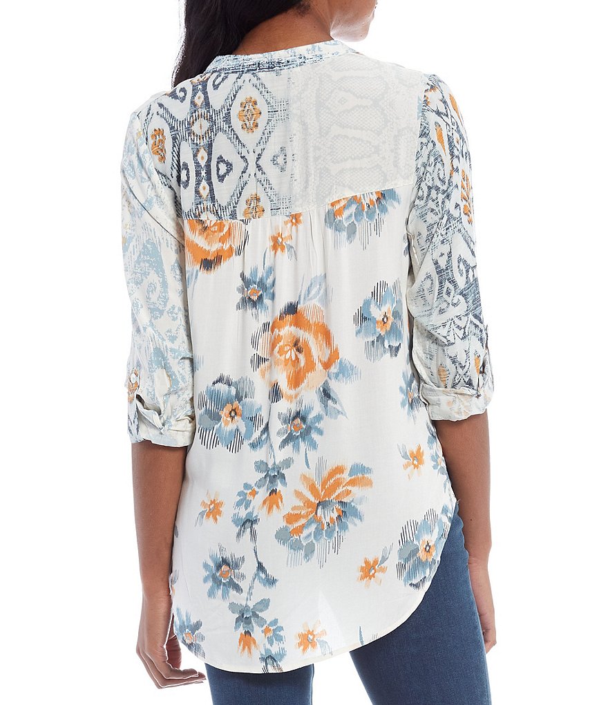 Figueroa & Flower Roxy Faded Print Roll-Tab Sleeve Tie Button Front Top