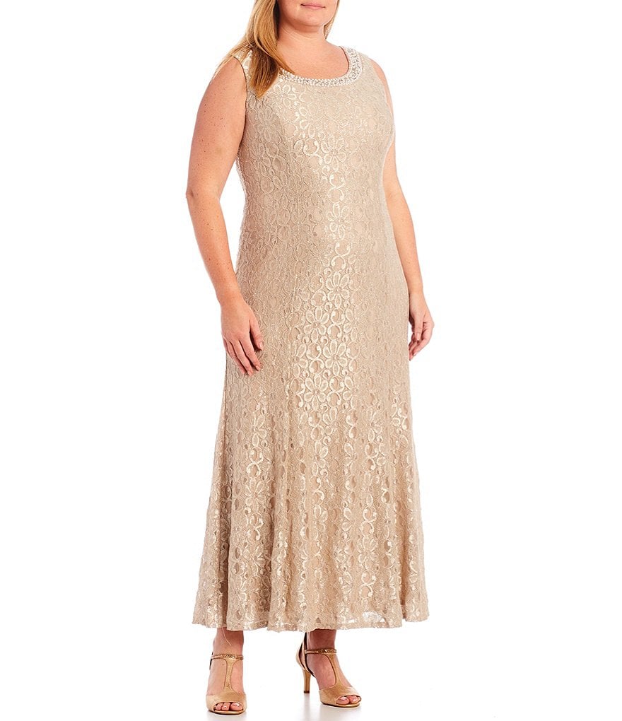 R & M Richards Plus Size Glitter Lace Beaded Round Neck 3/4 Sleeve 2-Piece Jacket Gown