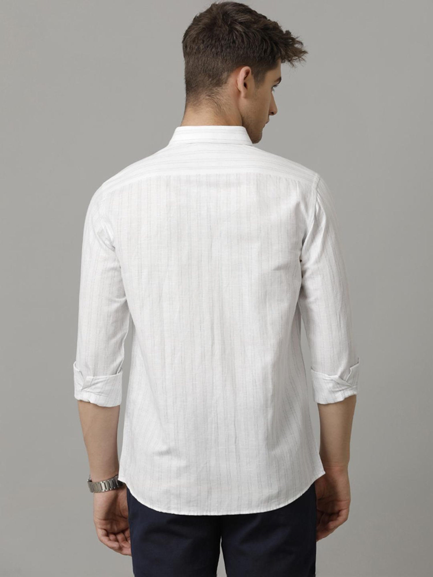 Linen Club Blue Linen Contemporary Fit Striped Shirt