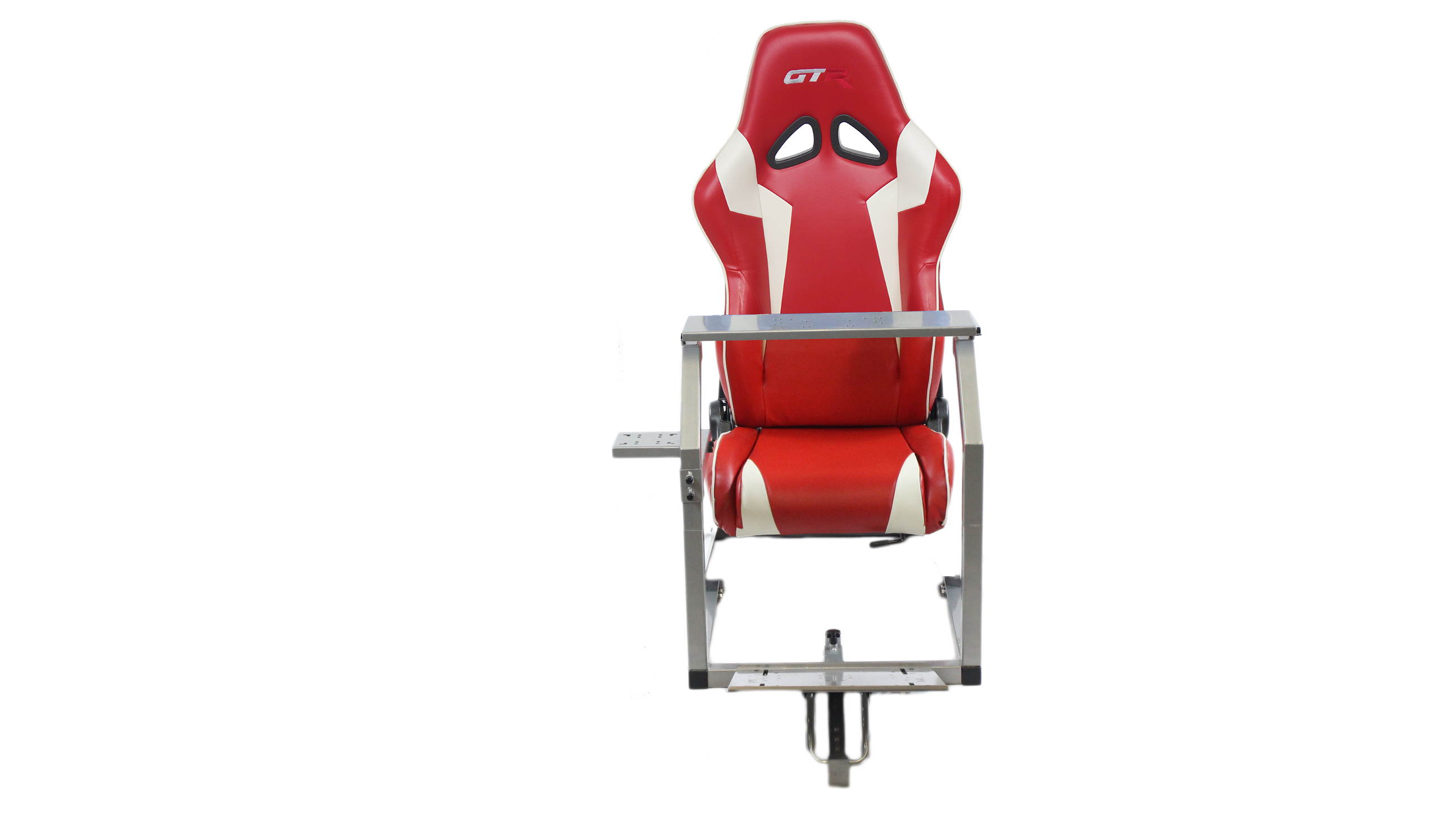 GTR Racing Simulator GTA-S-S105LRDWHT GTA Model Silver Frame with Red/White Real Racing Seat, Driving Simulator Cockpit Gaming Chair with Gear Shifter Mount