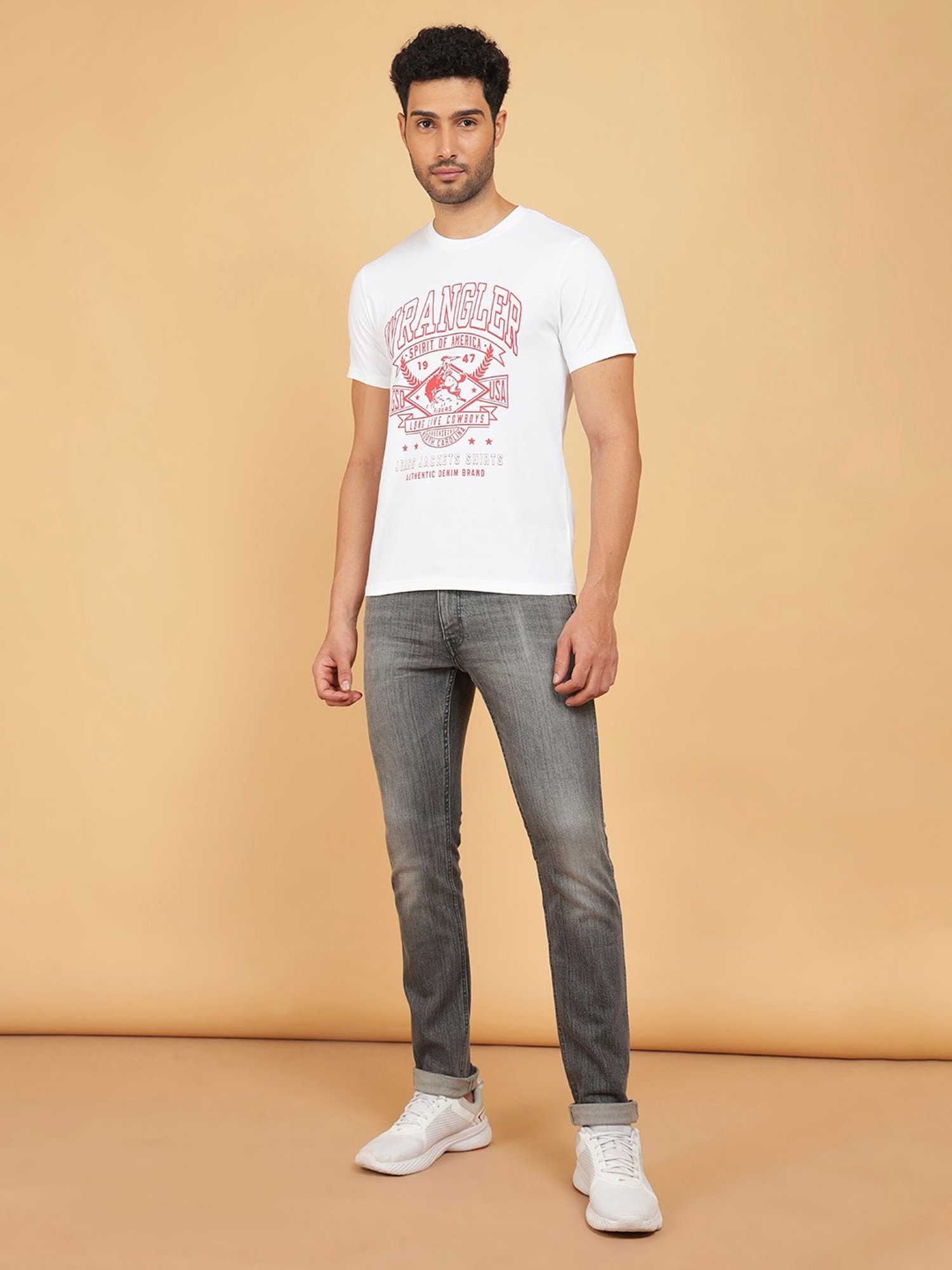 Wrangler White Regular Fit Graphic Print Cotton Crew T-Shirt