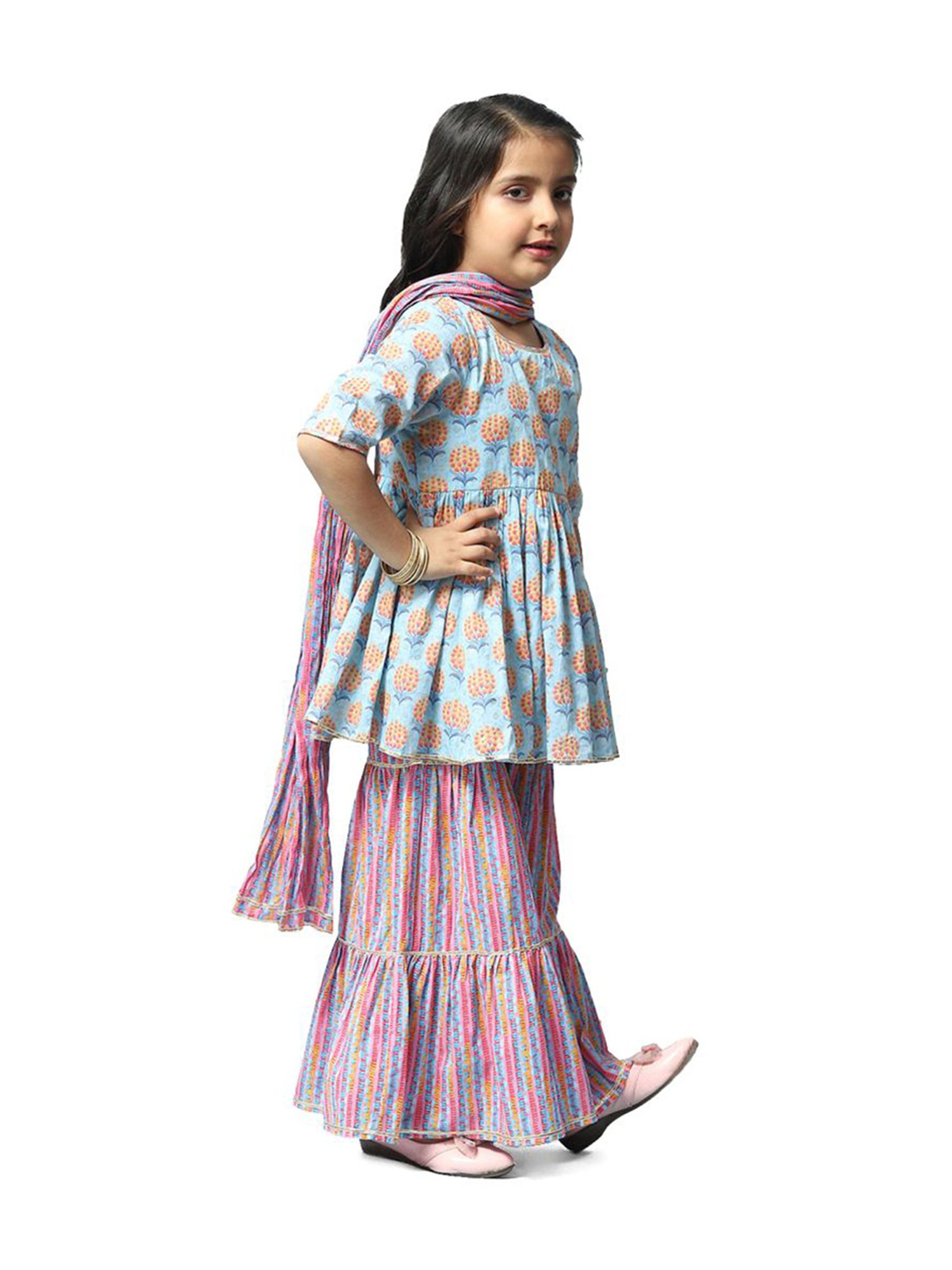 BIBA Girls Blue & Pink Cotton Printed Kurta Set