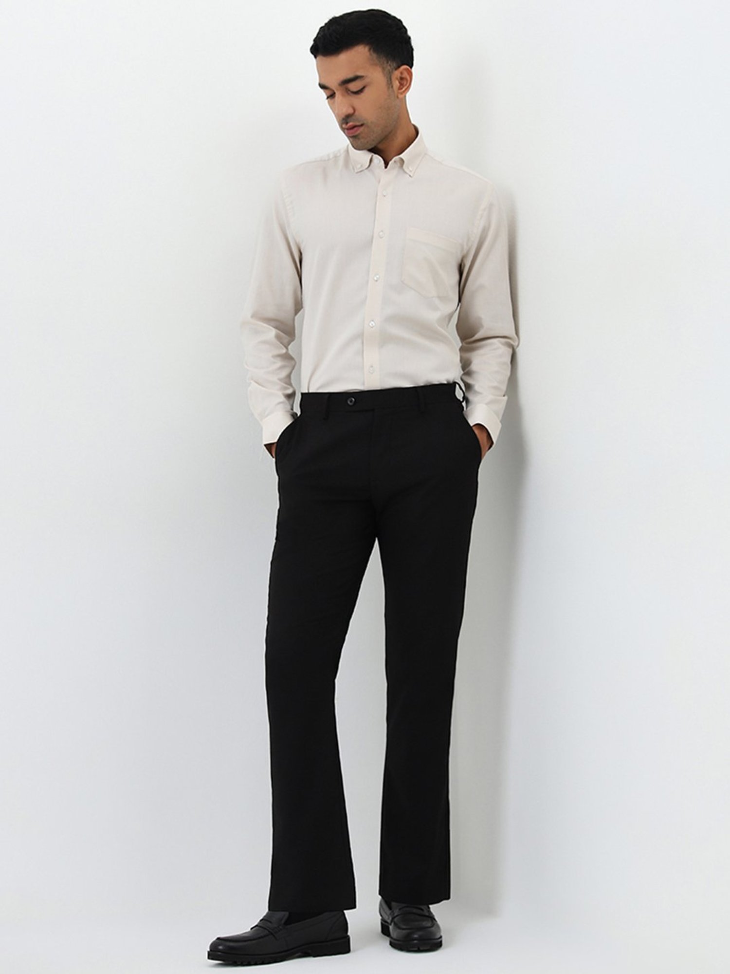 WES Formals by Westside Light Beige Solid Slim-Fit Cotton Shirt