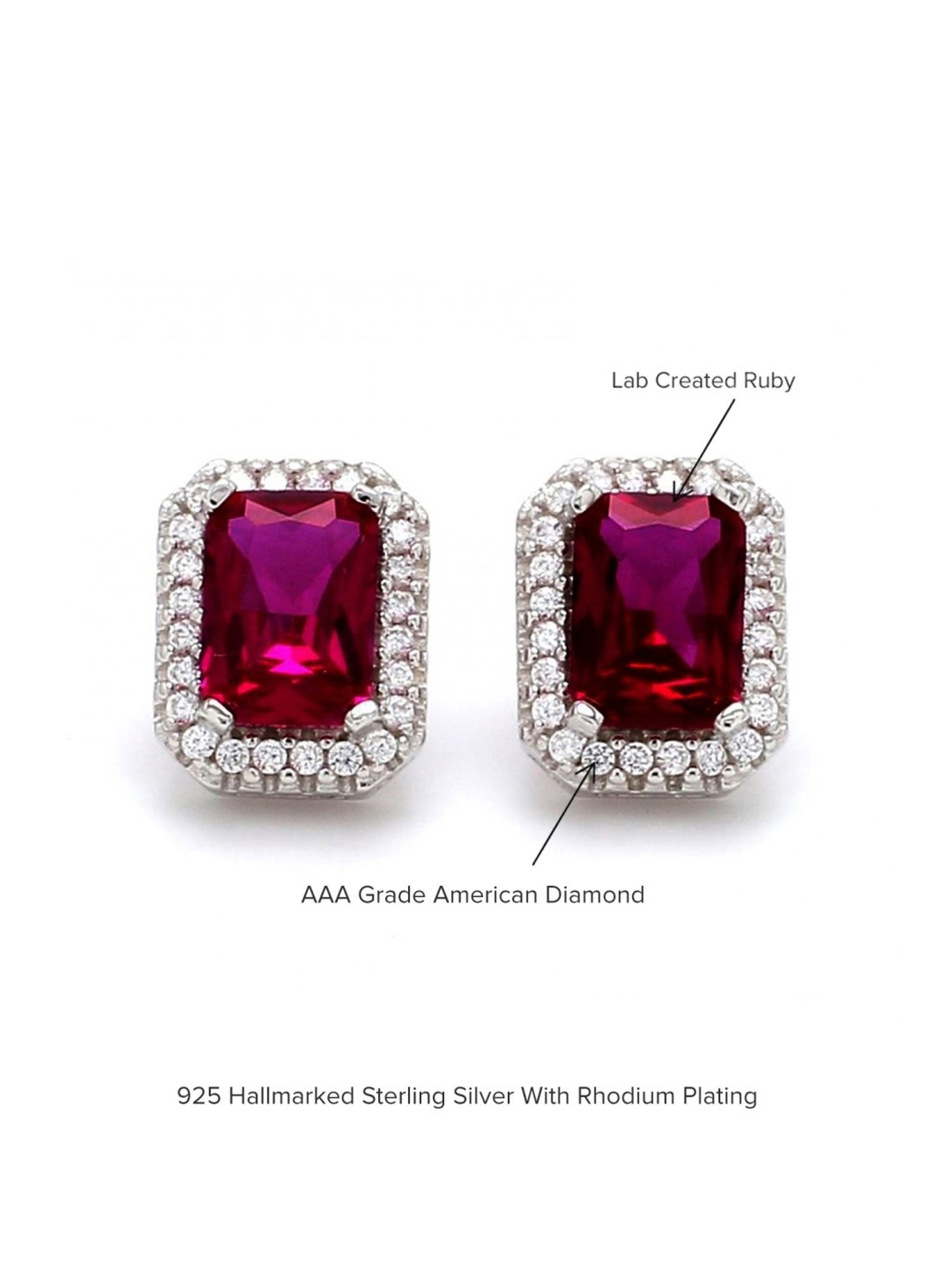 925 Silver Red Ruby and American Diamond Halo Stud Earrings for Women & Girls