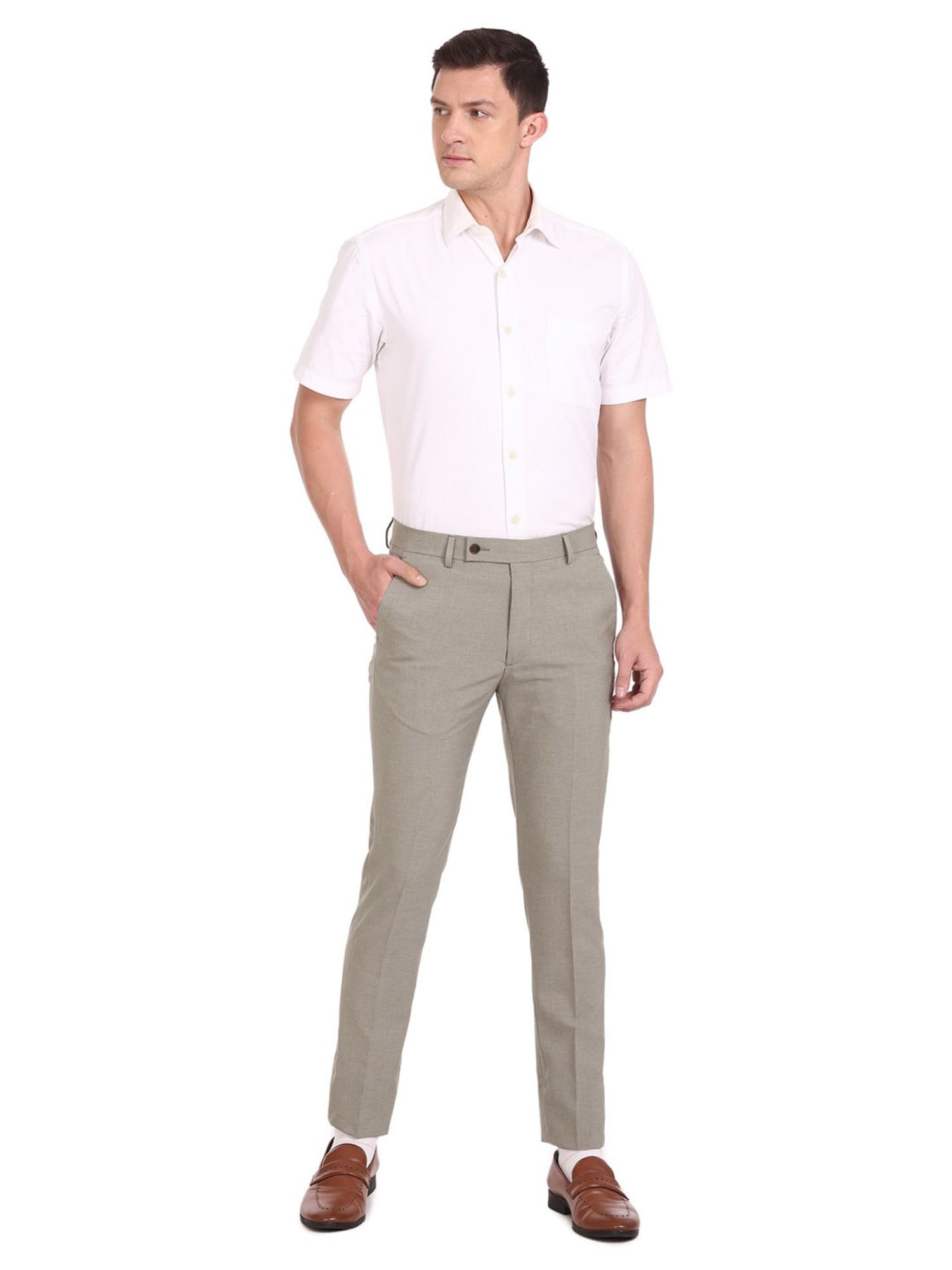 Arrow Taupe Slim Fit Self Pattern Trousers