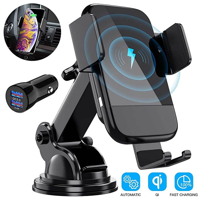 Wireless Car Charger,  Qi Auto-Clamping Air Vent Dashboard Car Phone Holder & QC3.0 Car Charger, 10W Compatible for Galaxy S10/S10+/S9,Charging for iPhone 11/11 Pro/11 Pro Max/XSMax/XS/XR/X/8P/8