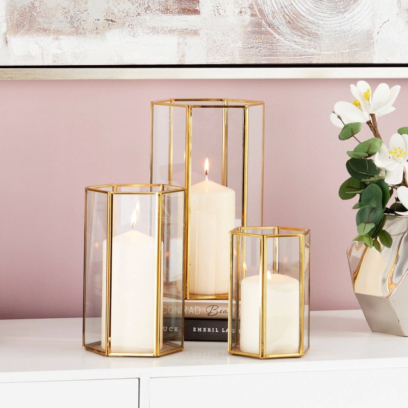 Set of 3 Modern Metal and Glass Candle Holders with Hexagon Silhouettes Gold - CosmoLiving by Cosmopolitan