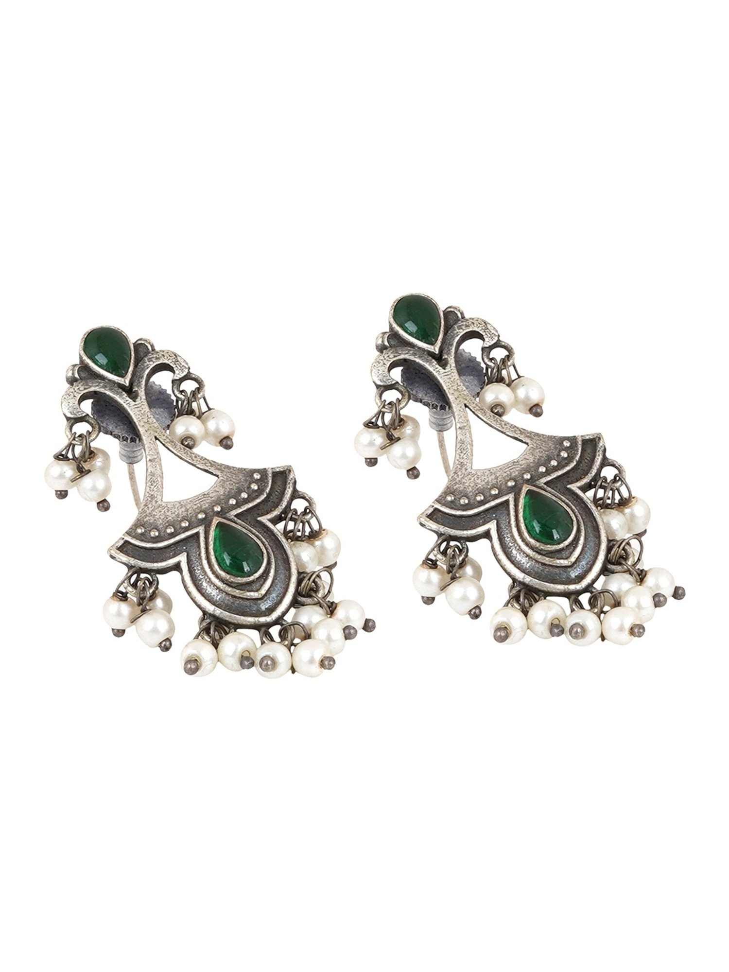 Teejh Ethnic Nilay Green Stone Silver Oxidized Dangler Earrings