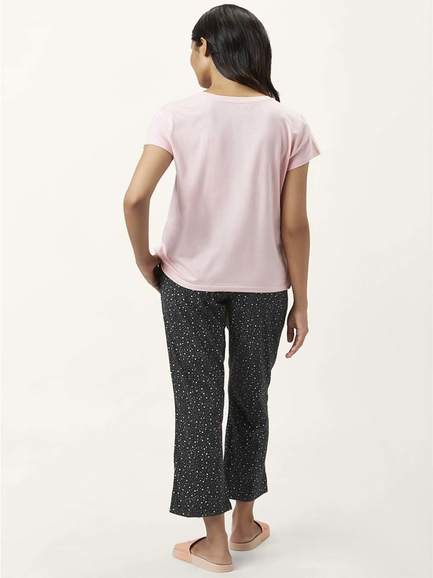 Dreamz by Pantaloons Pink & Black Cotton Printed T-Shirt & Pyjama Set