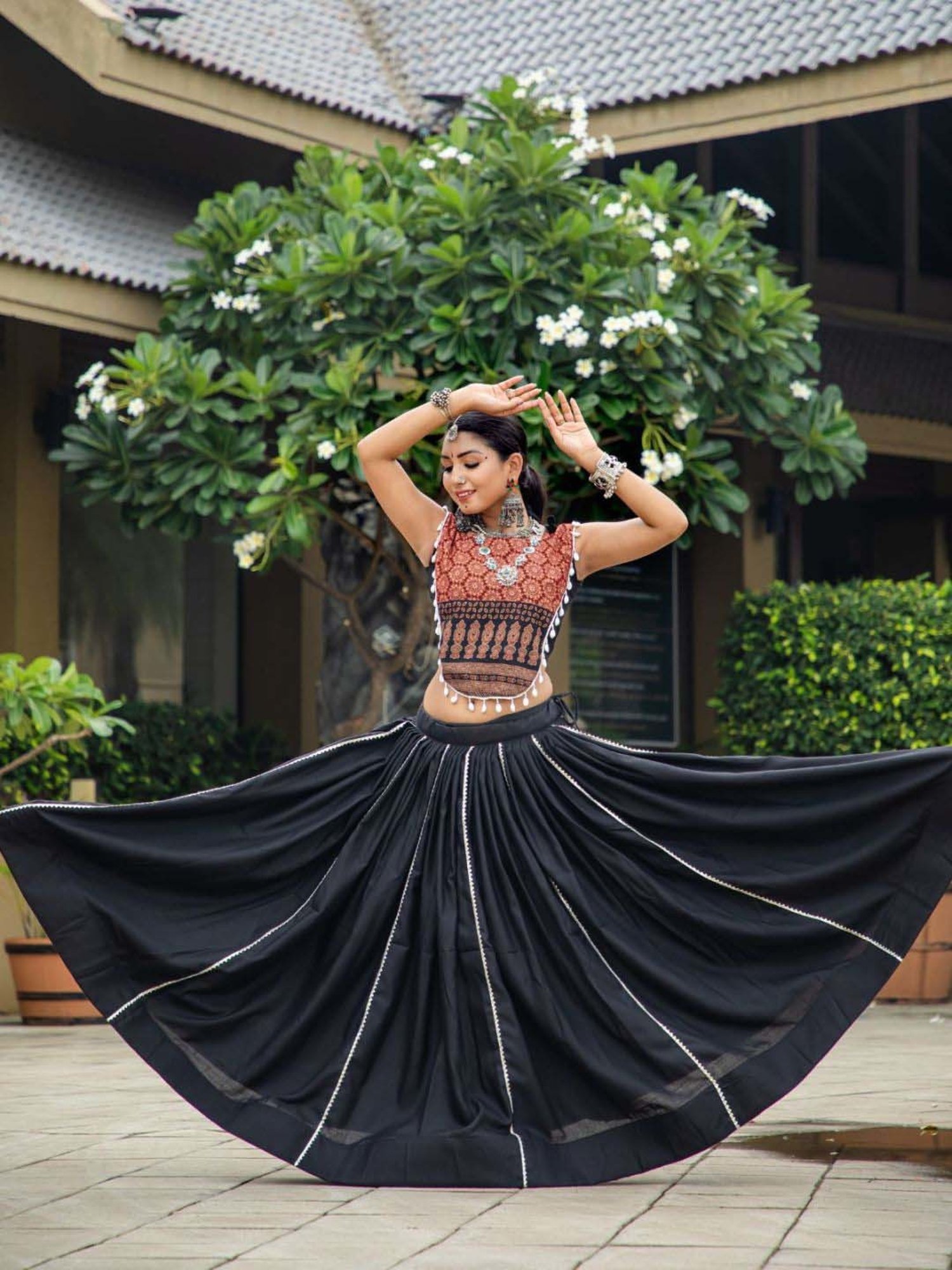Odette Black Cotton Lehenga Choli Set With Dupatta
