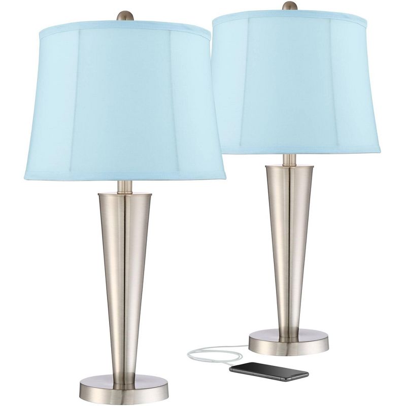 360 Lighting Geoff Brushed Nickel USB Blue Softback Table Lamps Set of 2