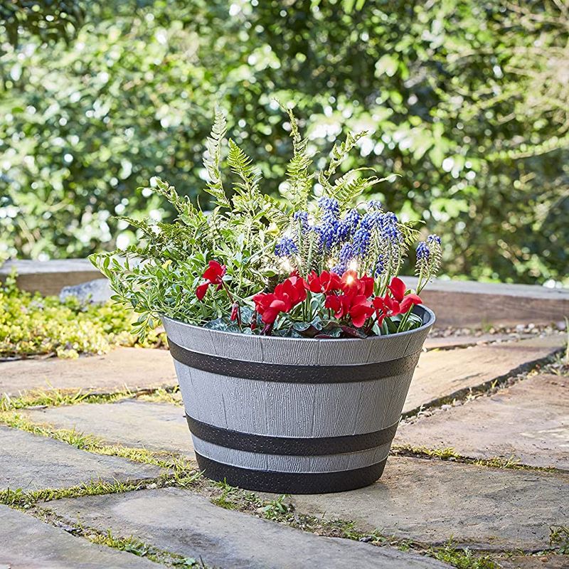 Southern Patio HDR-055457 Resin Whiskey Barrel Indoor Outdoor Garden Planter Pot for Vegetables, Trees, Plants, and Flowers, Gray