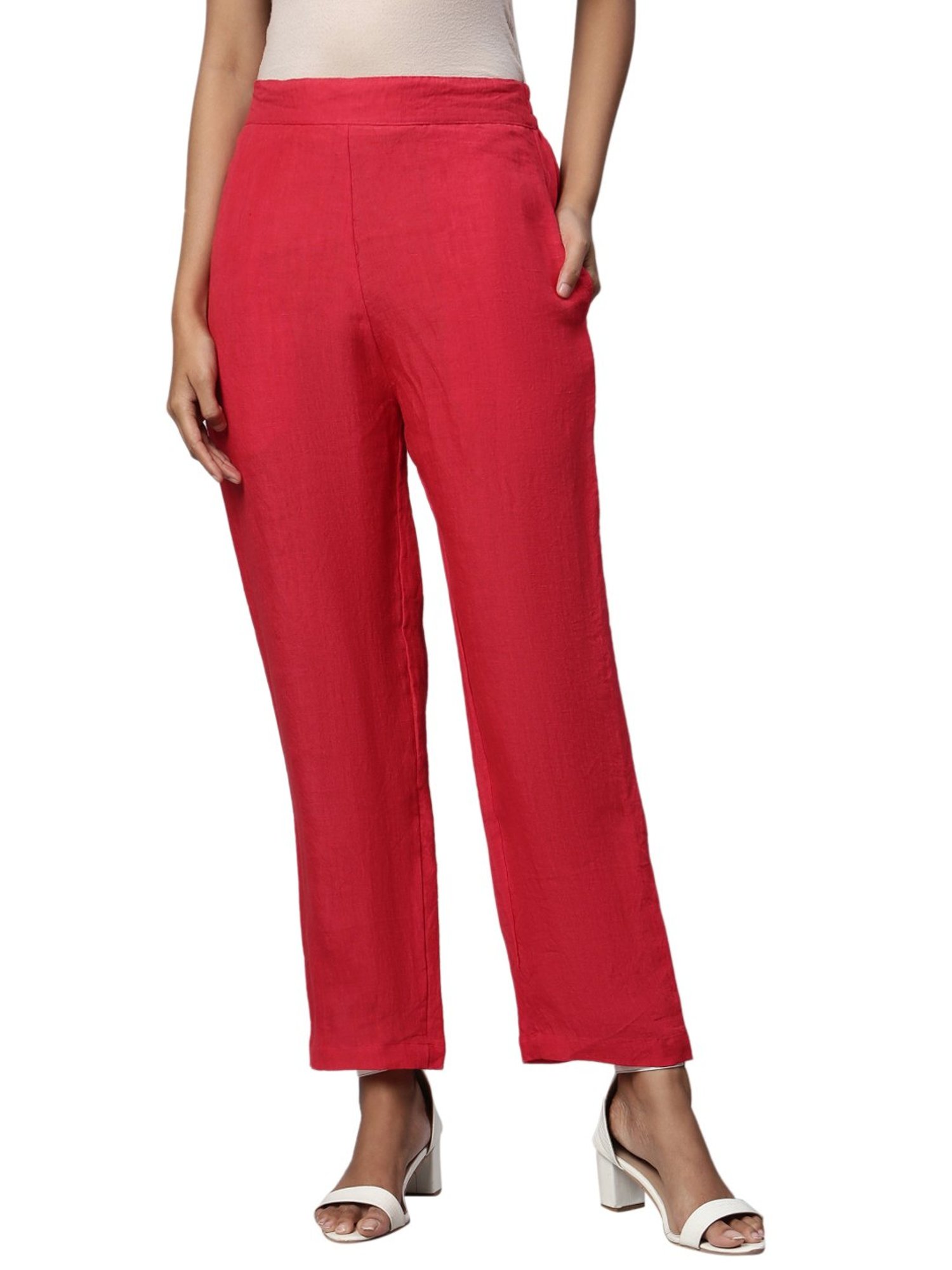Linen Club Woman Red Regular Fit Pants