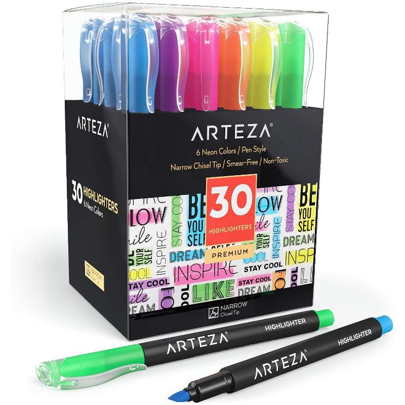 Arteza Highlighters, Narrow Chisel Tips, Alcohol-Based,  6 Assorted Colors - 30 Pack (ARTZ-8578)