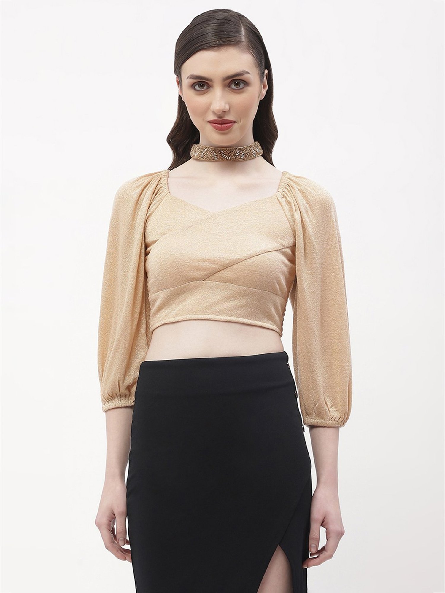 MADAME Beige Textured Crop Top