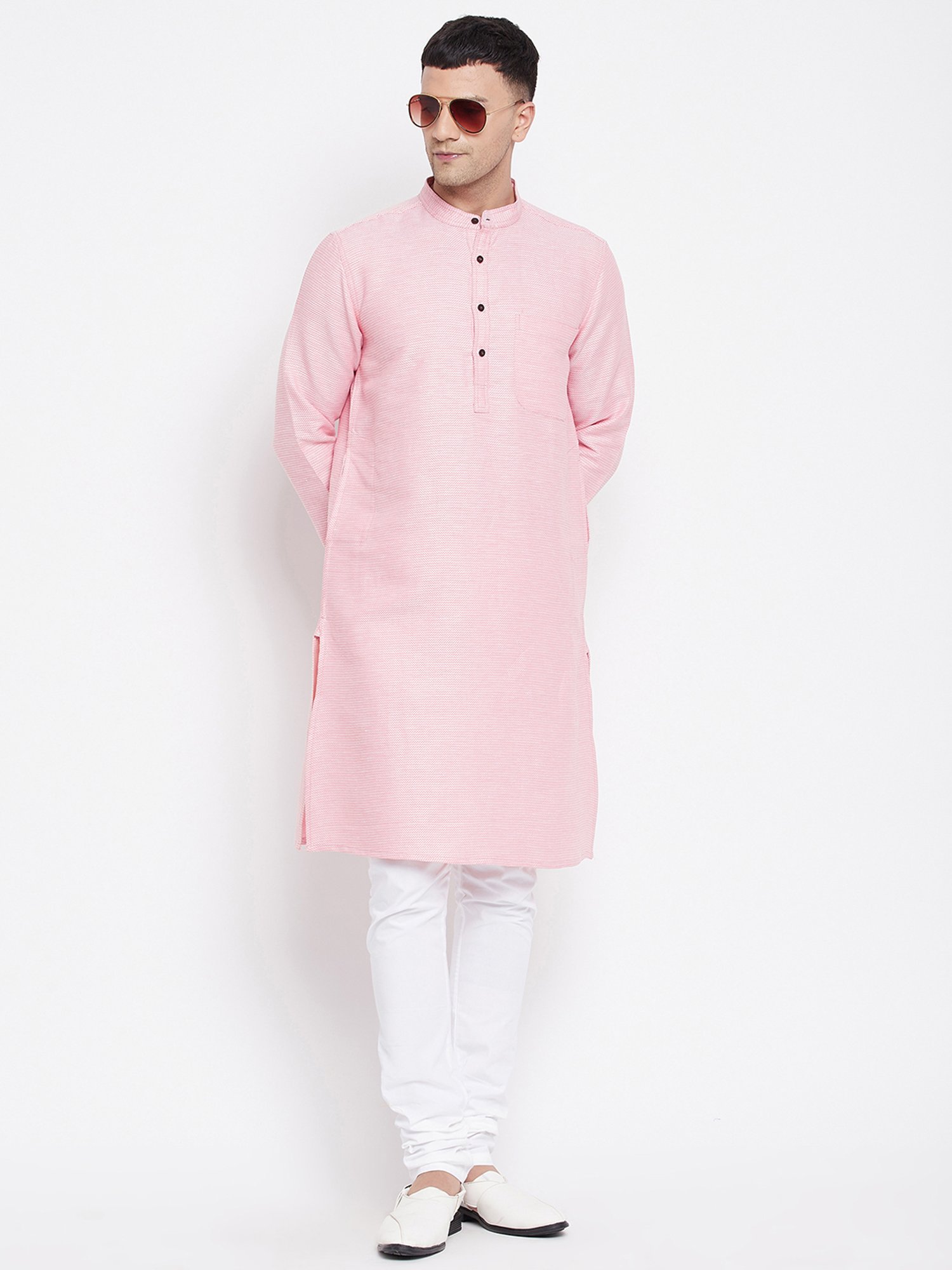 Even Pink Self Design Mandarin Collar Kurta