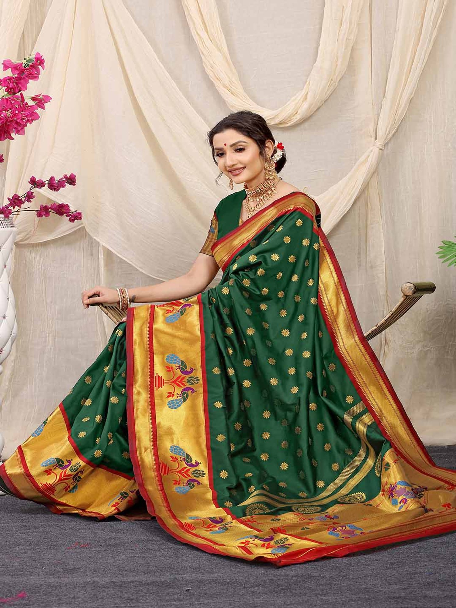 SHUBHKALA Green Silk Woven Saree With Unstitched Blouse