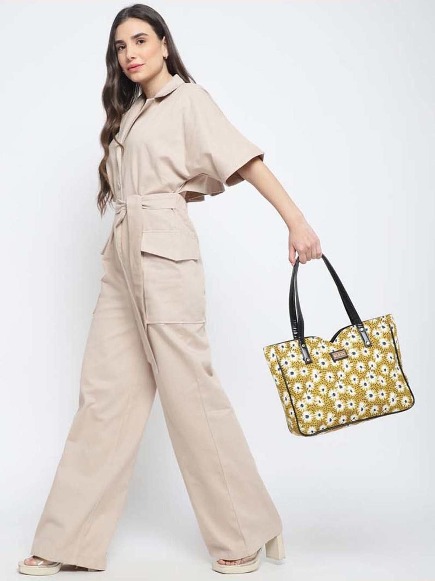 KLEIO Yellow Printed Medium Tote Handbag