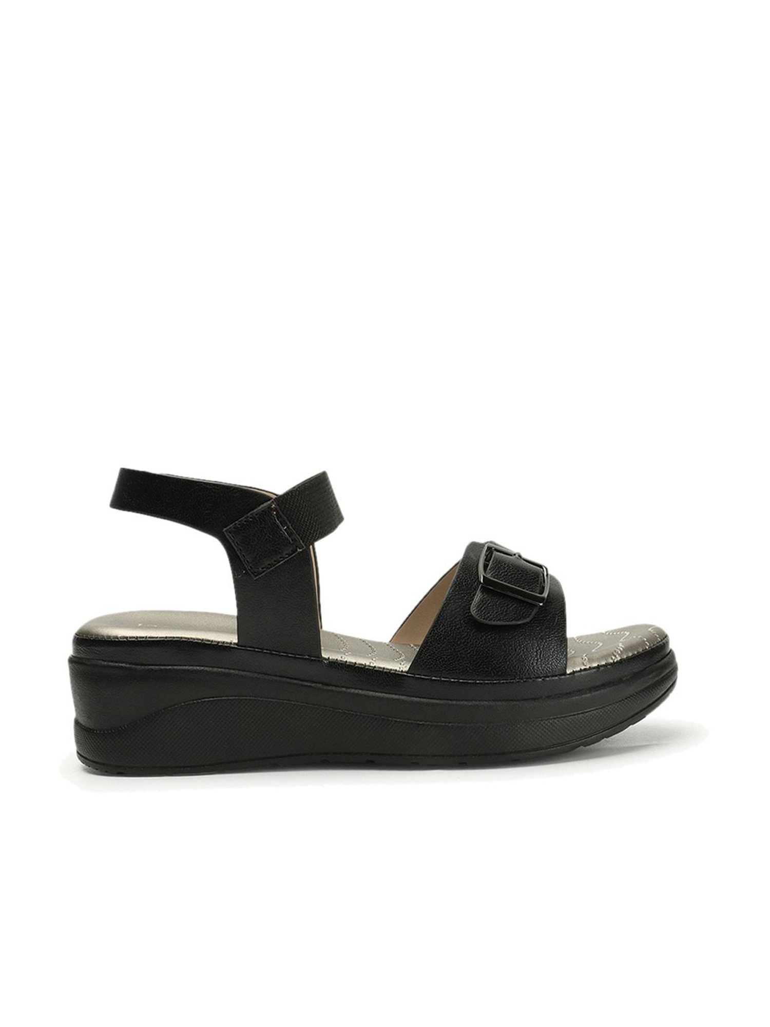 Iconics Women's Black Ankle Strap Wedges