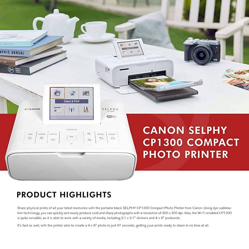 SELPHY CP1300 Compact Photo Printer (White) with WiFi and Accessory Bundle w/ Color Ink and Paper Set