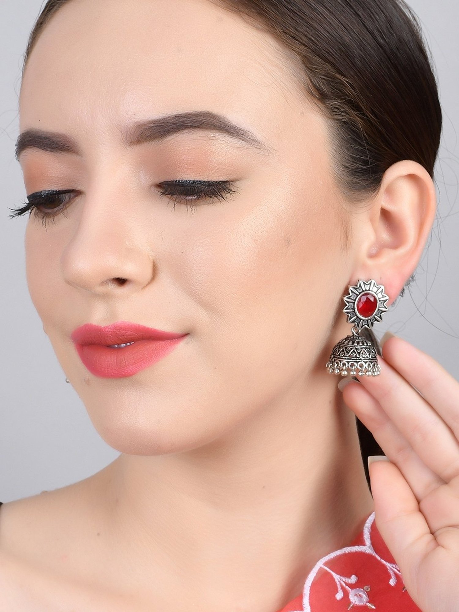 Imli Street Red Silver Tone Stone-Studded Handcrafted Jhumki Earrings