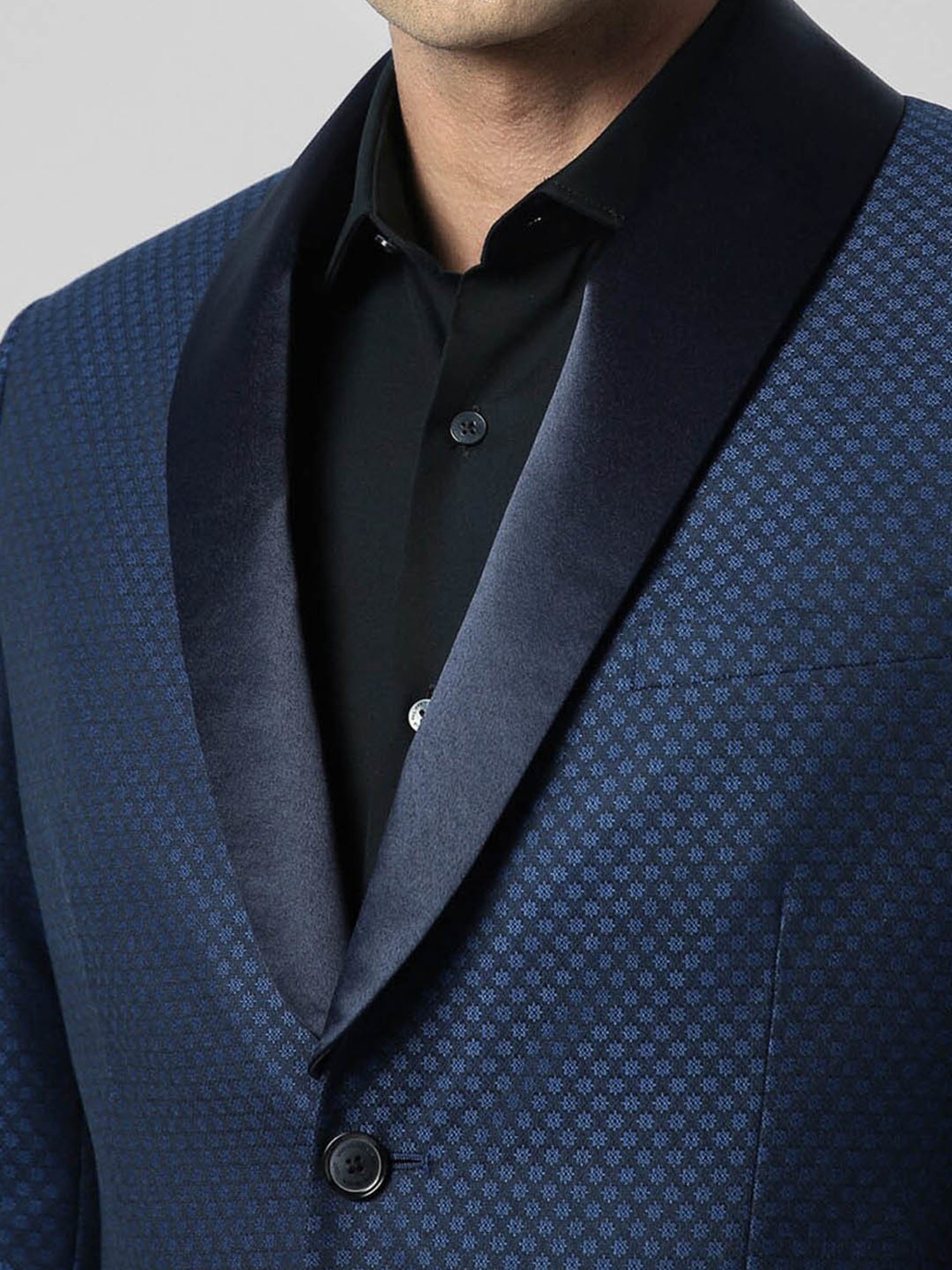 V Dot Navy Skinny Fit Self Pattern Blazer