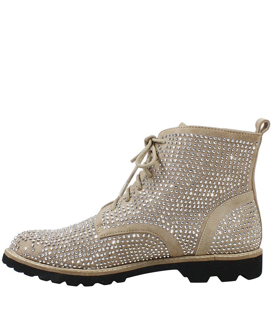 L'Amour Des Pieds Raynelle Suede Rhinestone Embellished Block Heel Combat Booties
