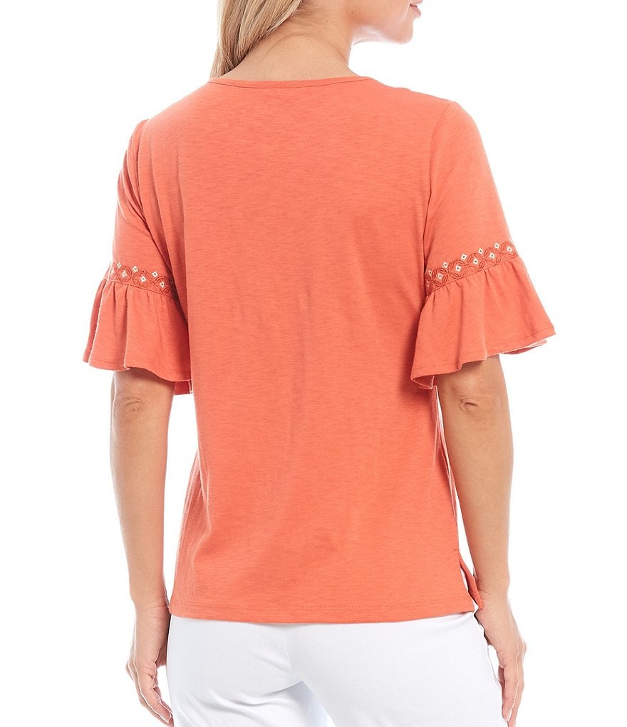 Allison Daley Petite Size Slub Jersey Ruffle Short Sleeve Crew Neck Top