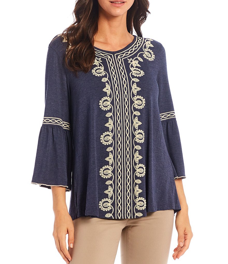 Multiples Puff Border Print V-Neck 3/4 Bell Sleeve Shaped Hem Top