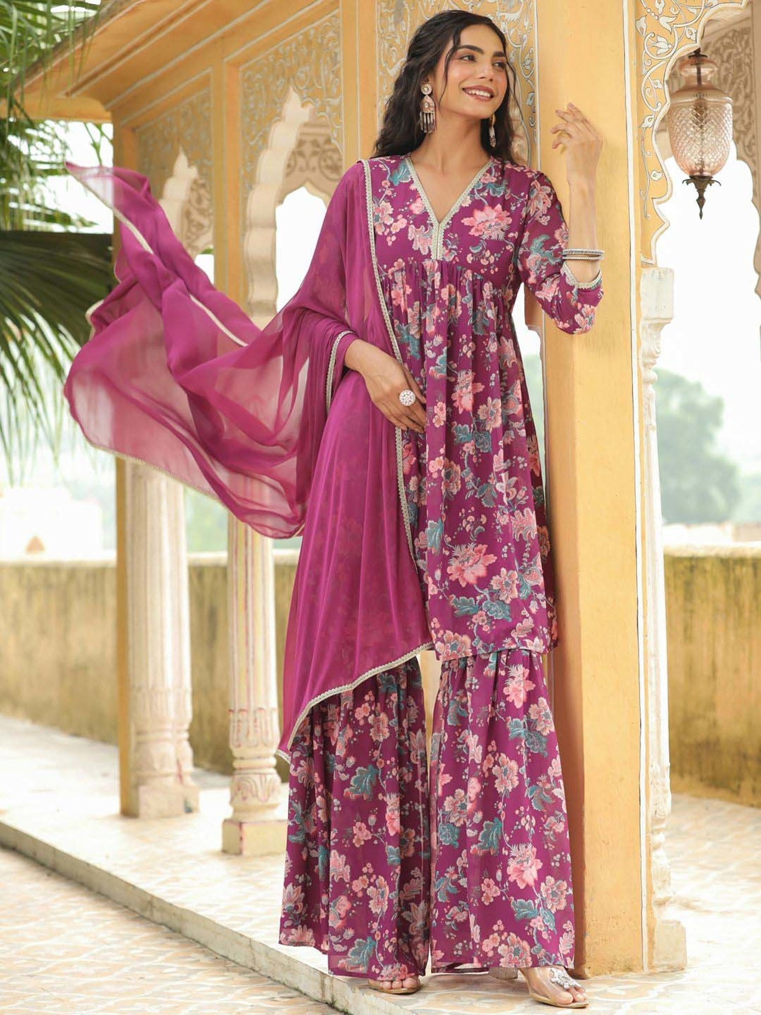 Janasya Purple Printed Kurti Sharara Set With Dupatta