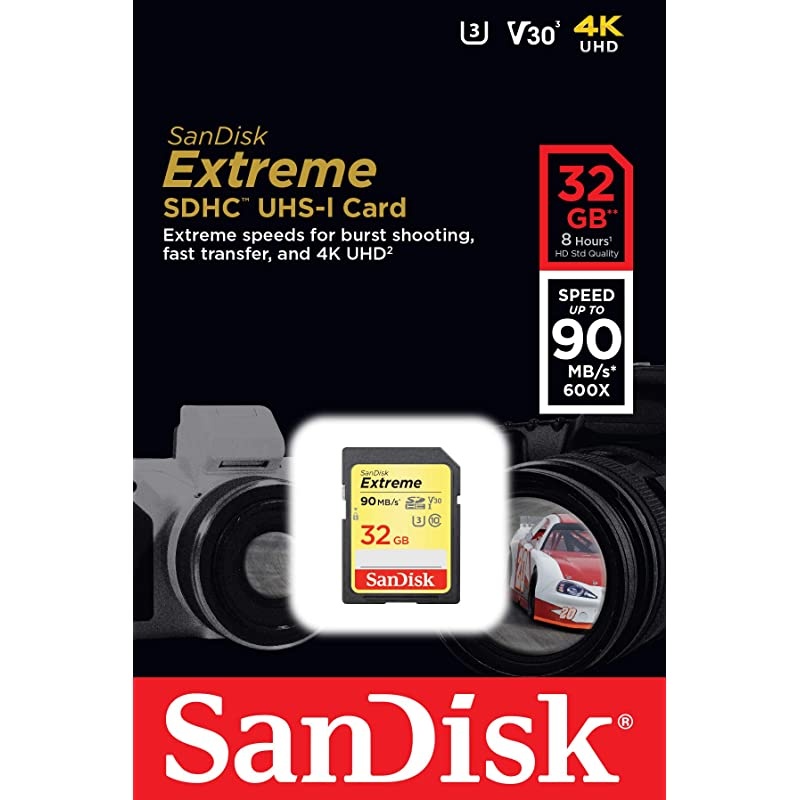 32GB Extreme SDHC UHSI Memory Card 90MBs C10 U3 V30 4K UHD SD Card SDSDXVE032GGNCIN