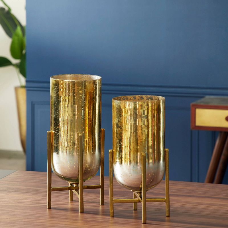 Set of 2 Aluminum and Mercury Glass Candle Holders with Round Base Gold - Venus Williams Collection