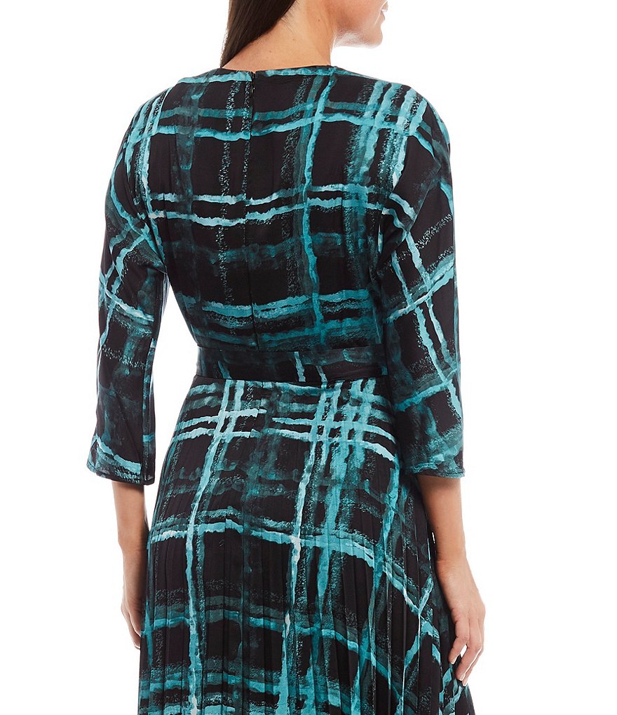 Maison Tara Plaid Sunburst Pleat 3/4 Sleeve Satin Midi Dress