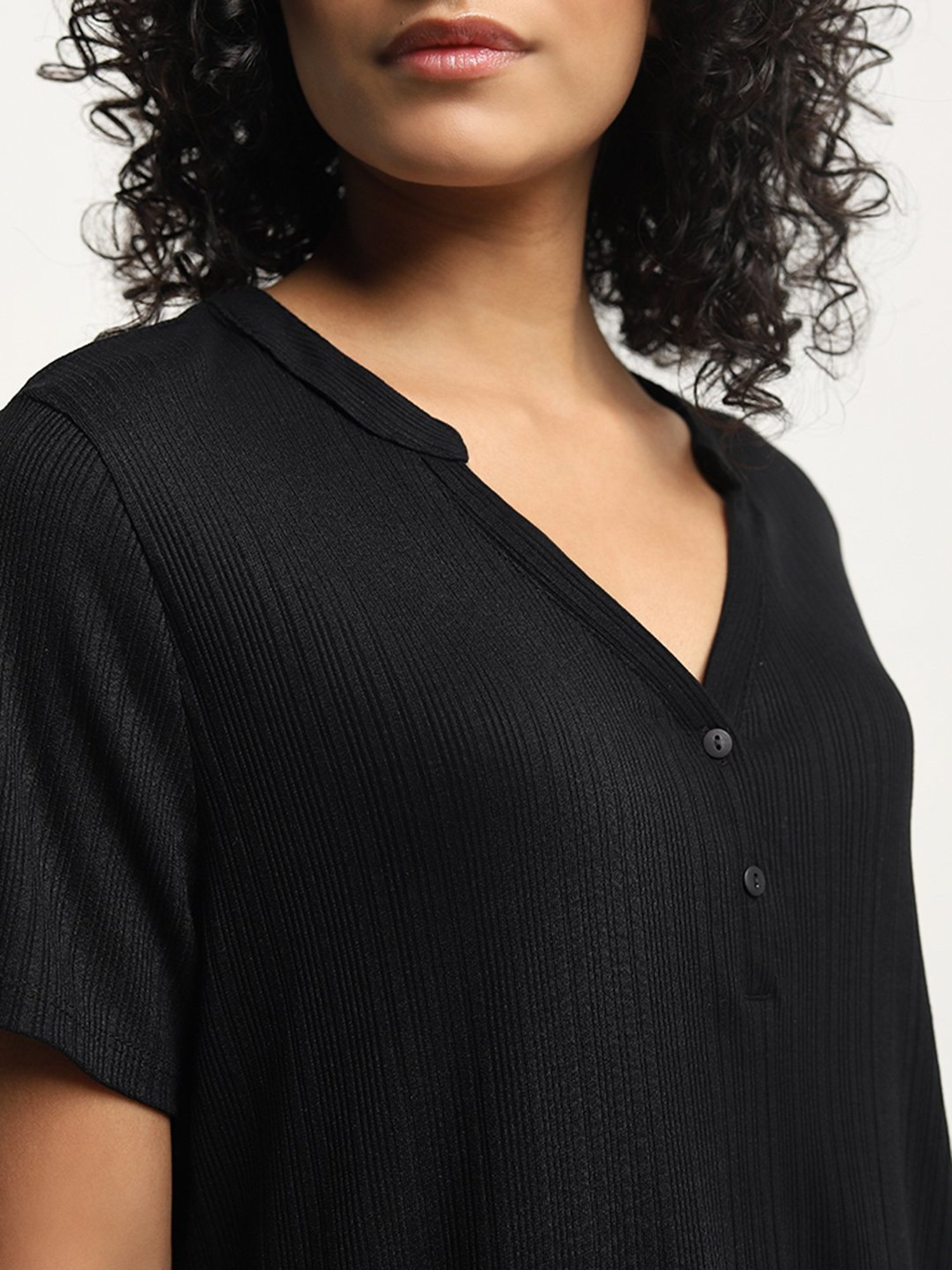 Wunderlove by Westside Black Ribbed Textured Henley Top