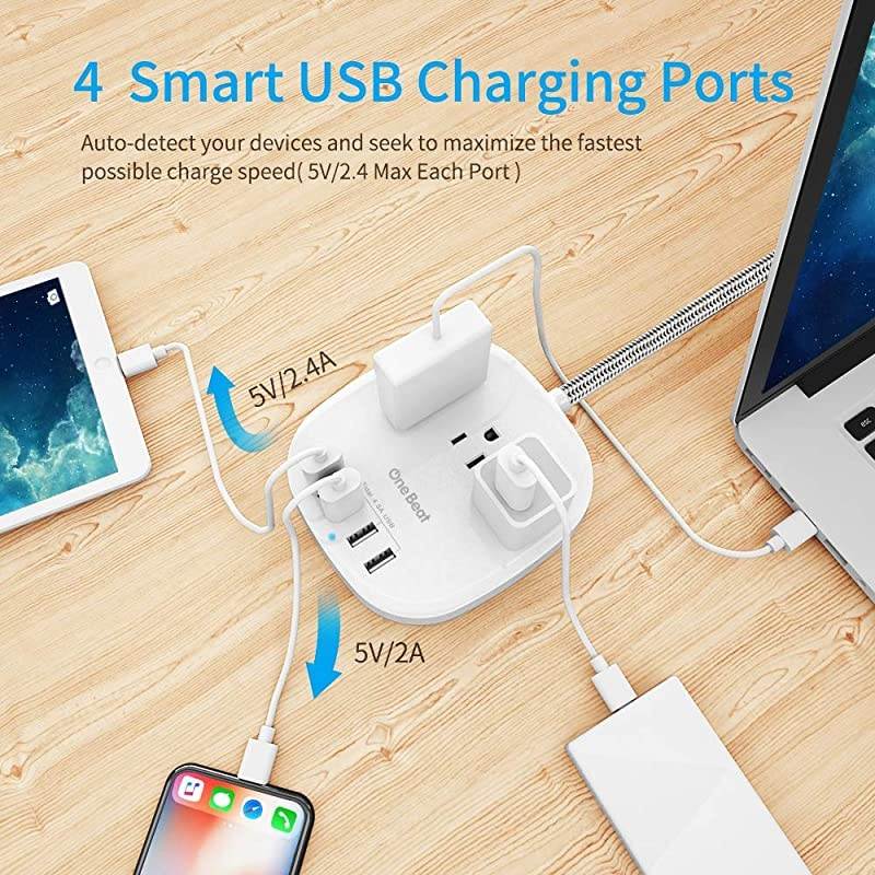 Strip 2 Pack, Desktop Charging Station with 3 Outlet 4 USB Ports 4.5A, Flat Plug, 5 ft Long Braided Extension Cord for Cruise Ship Travel Home Office, ETL Listed, White