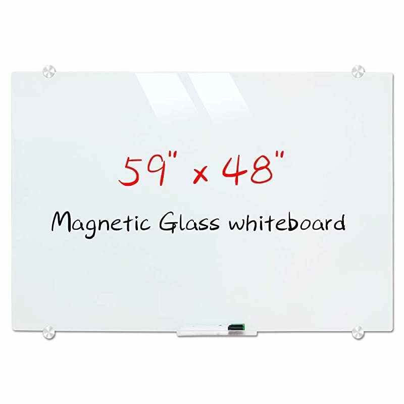 Glass Dry Erase White Board, Large Frameless Glass Wring Whiteboard on Wall, Frosted White Surface, Including 4 markers, 2 Magnets, 1 Eraser, 59 x 48 Inch (150 x 120 cm)
