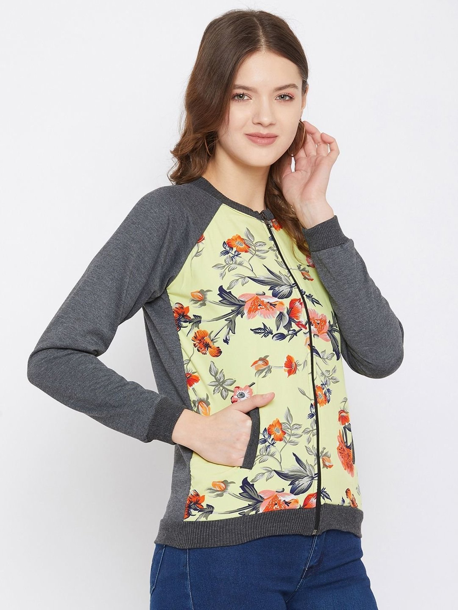 PURYS Grey & Yellow Floral Print Jacket