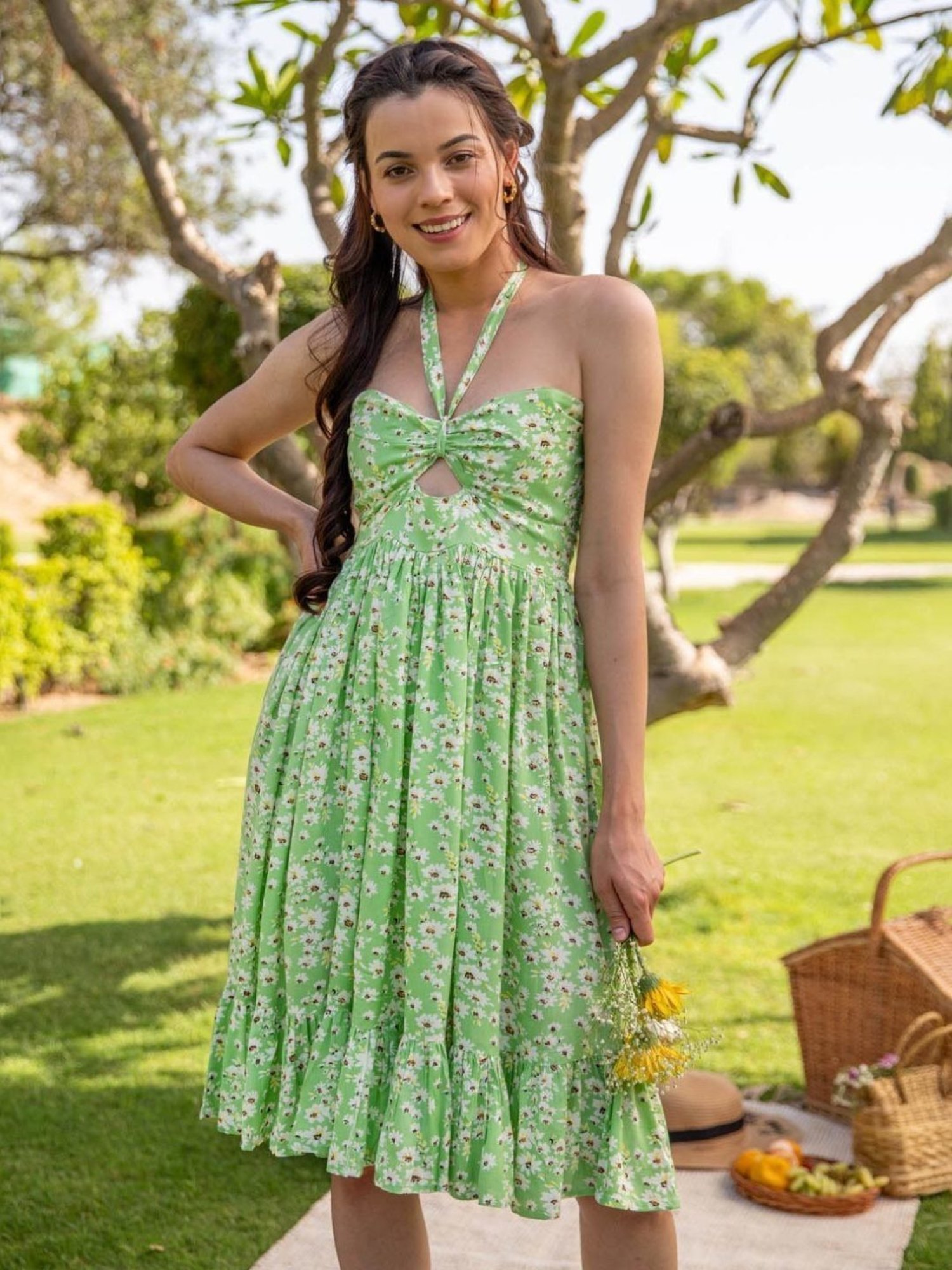 BInfinite Fern Green Floral Tieup Dress