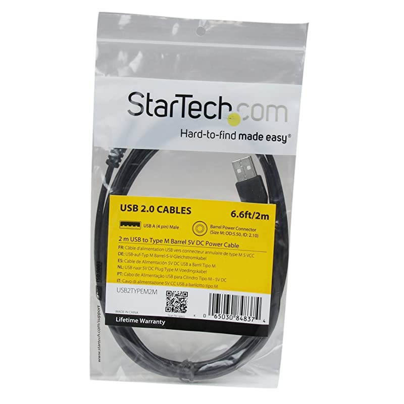 com 2m USB to Type M Barrel Cable - USB to 5.5mm 5V DC Cable - USB to Barrel Jack 5V DC Plug (USB2TYPEM2M) Black