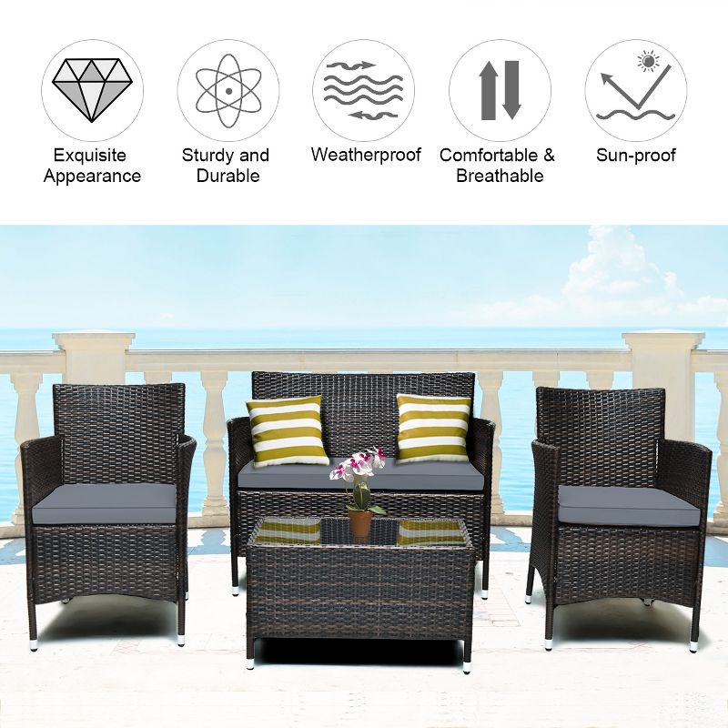 Costway 4 PCS Outdoor Patio Rattan Furniture Set Table Shelf Sofa W/ Gray Cushions
