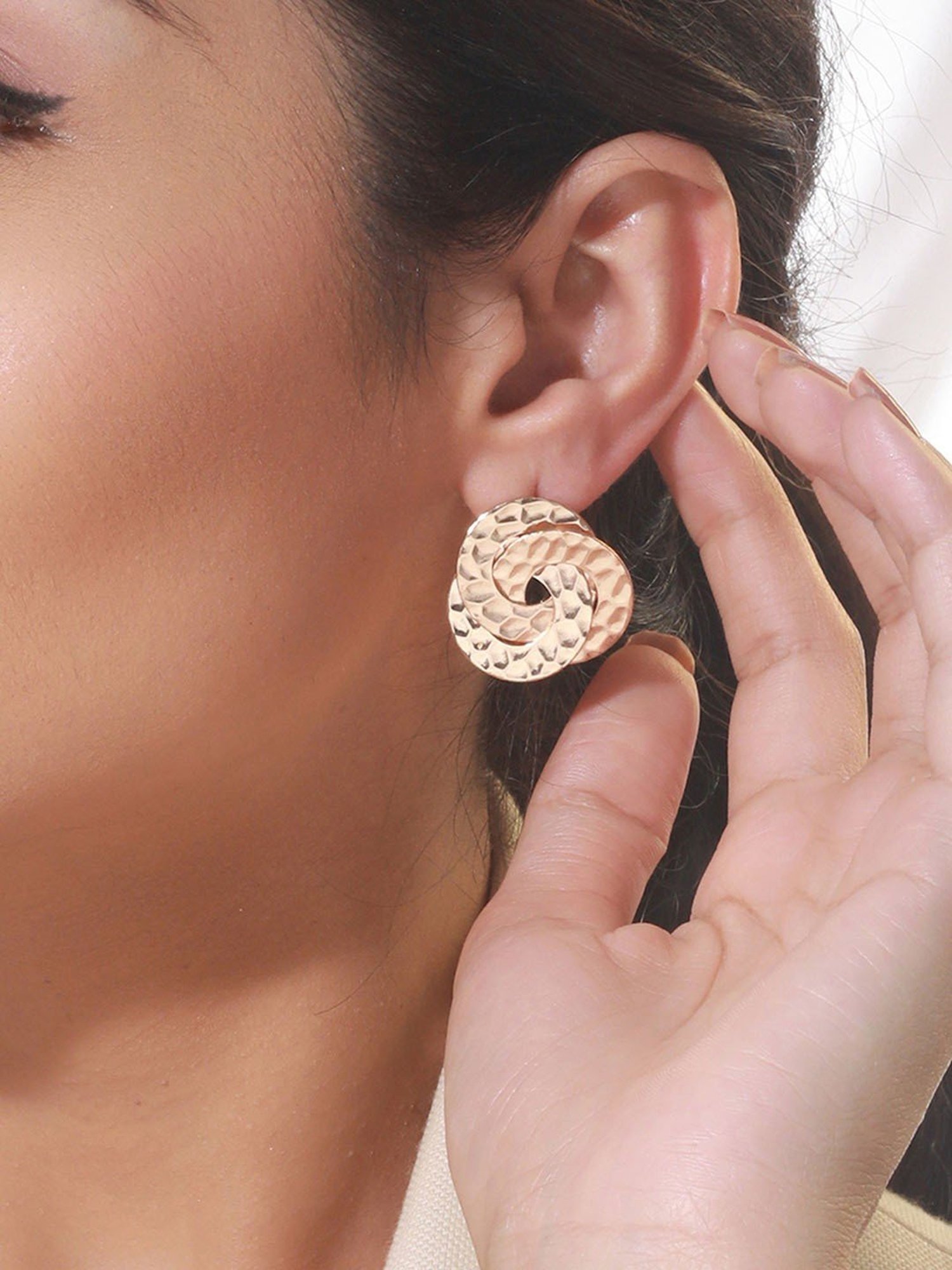 Priyaasi Rose Gold-Plated Textured Tri-Rings Stud Earrings for Women